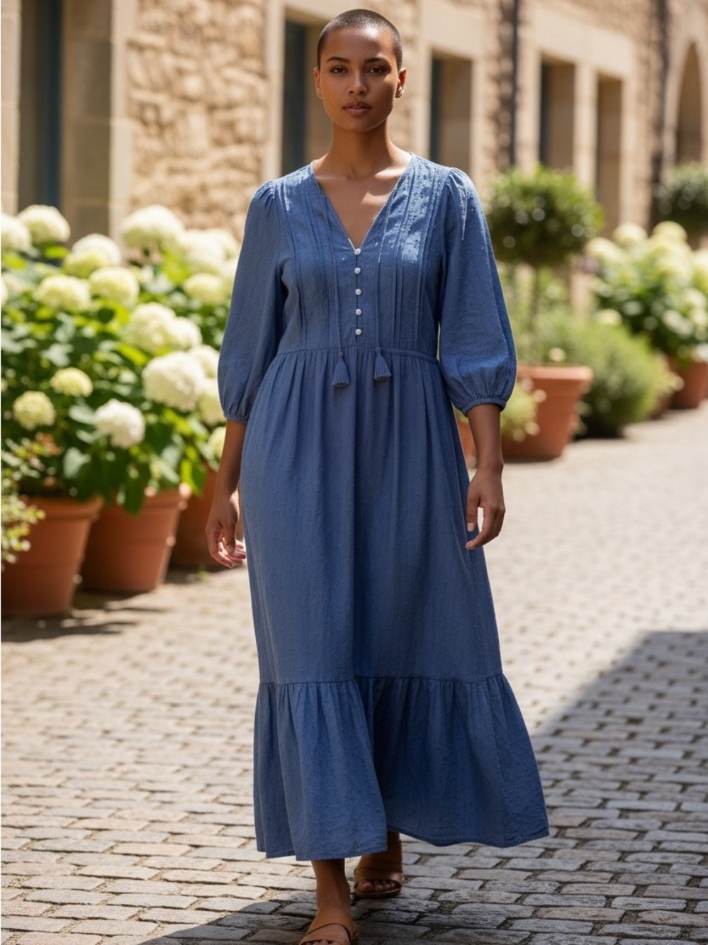 Old Navy Blue Peasant Midi Dress with Button Front